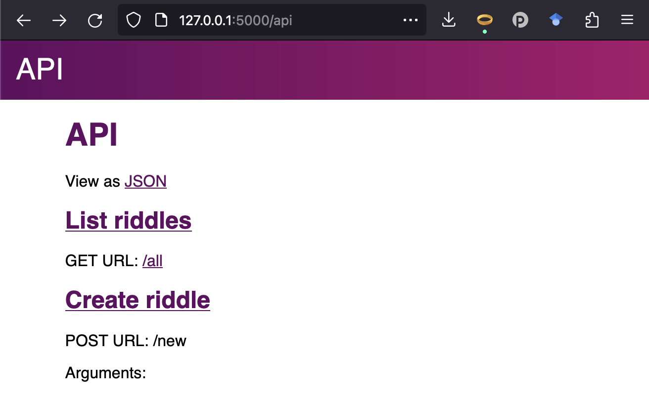 Screen shot of the riddle server API