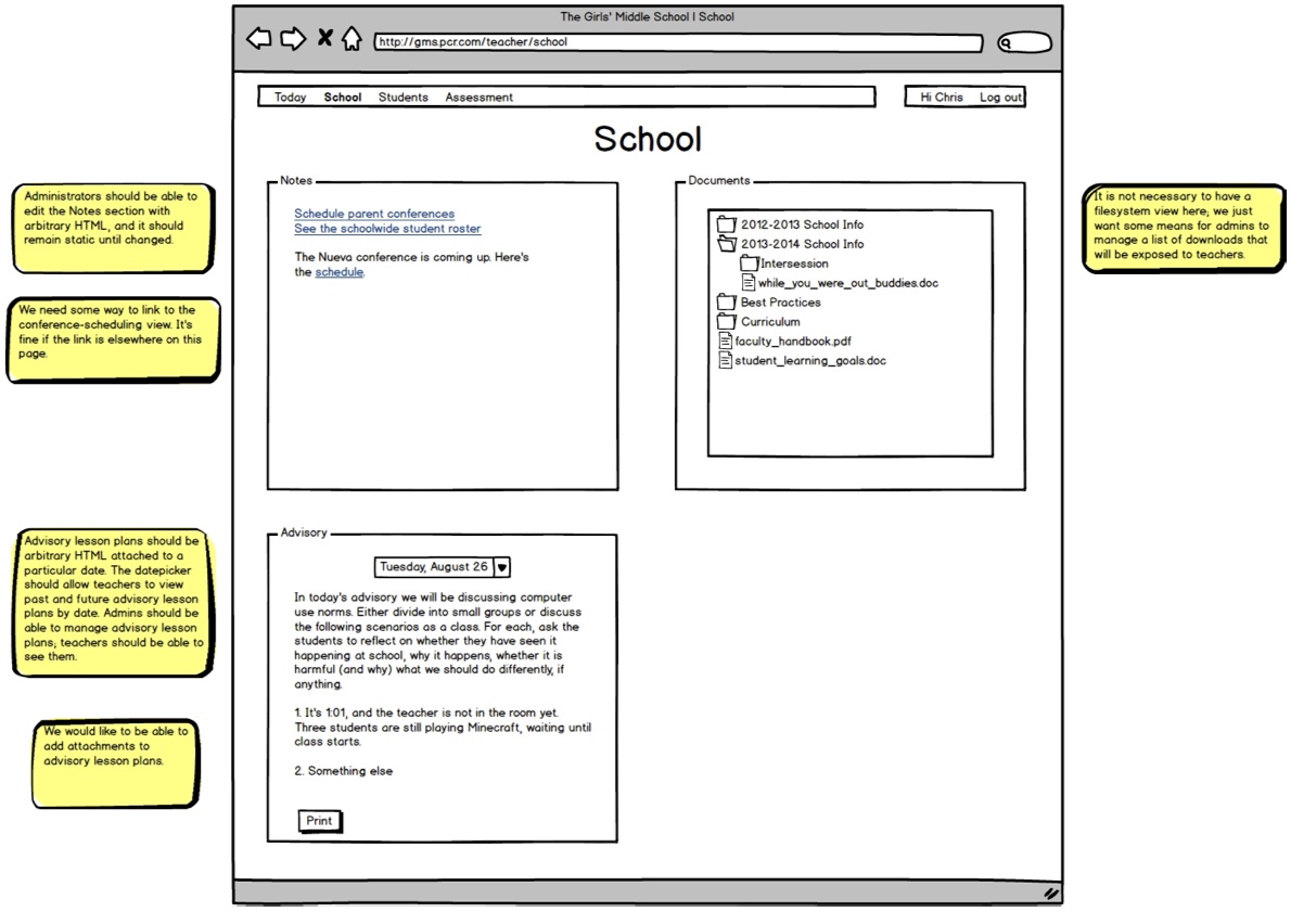 teacher portal wireframe