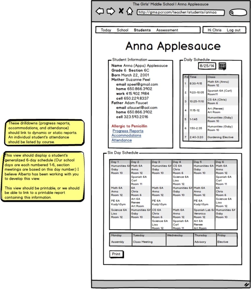 teacher portal wireframe